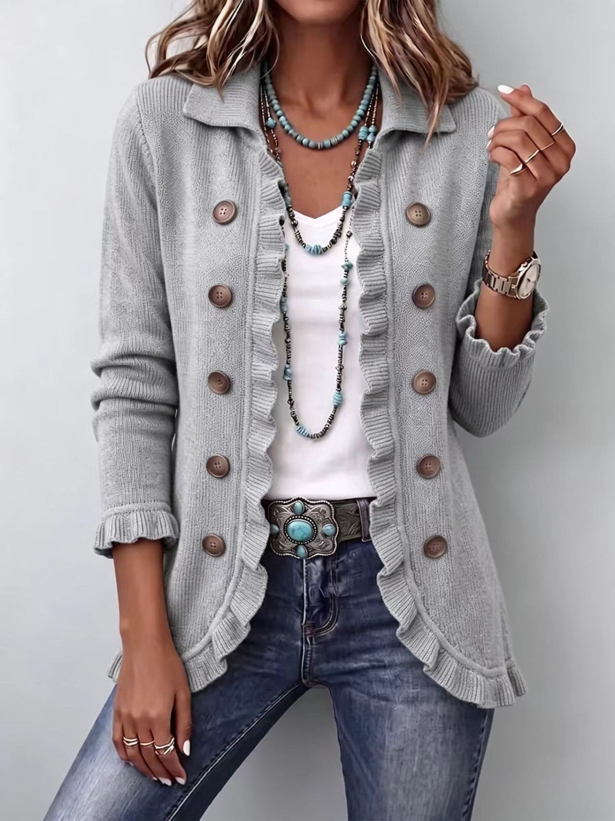 Elowen | Chaqueta con volantes de punto acanalado gris jaspeado