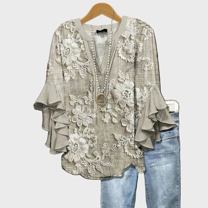 Rozálie - Blusa de mujer con encaje floral y mangas con volantes