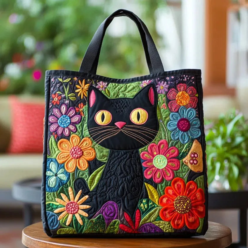 Adorable bolso acolchado con motivo de gato negro