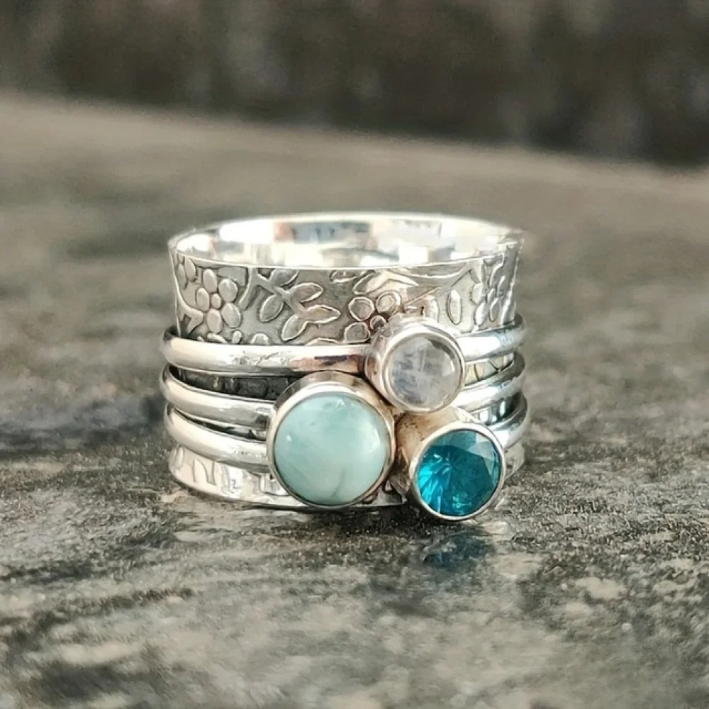 Anillo retro de piedra azul natural