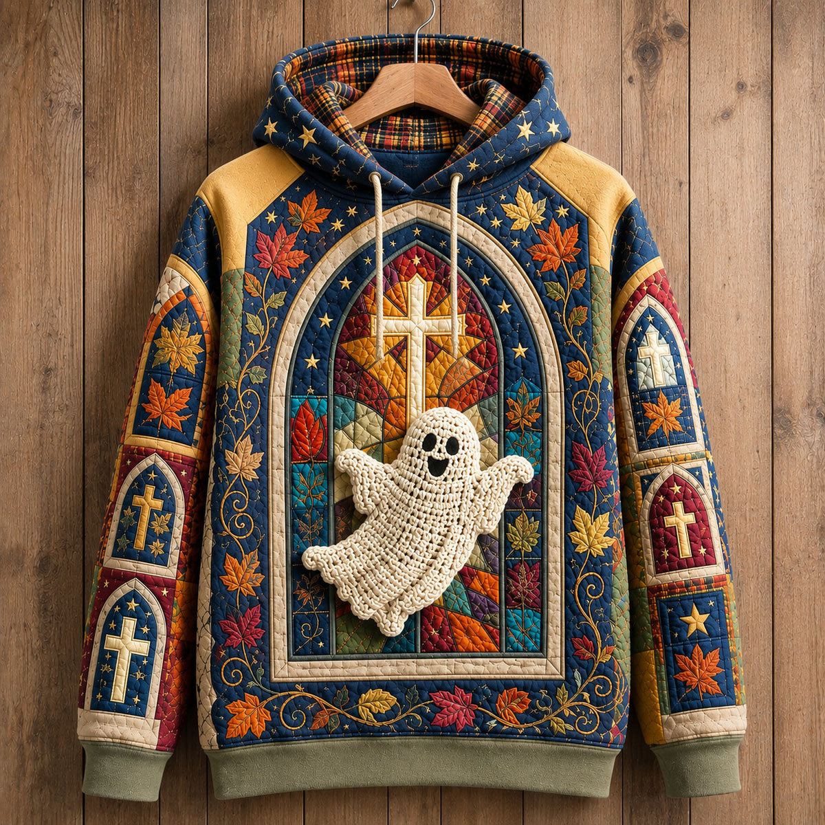 Fantasma en sudadera con capucha de vidrieras