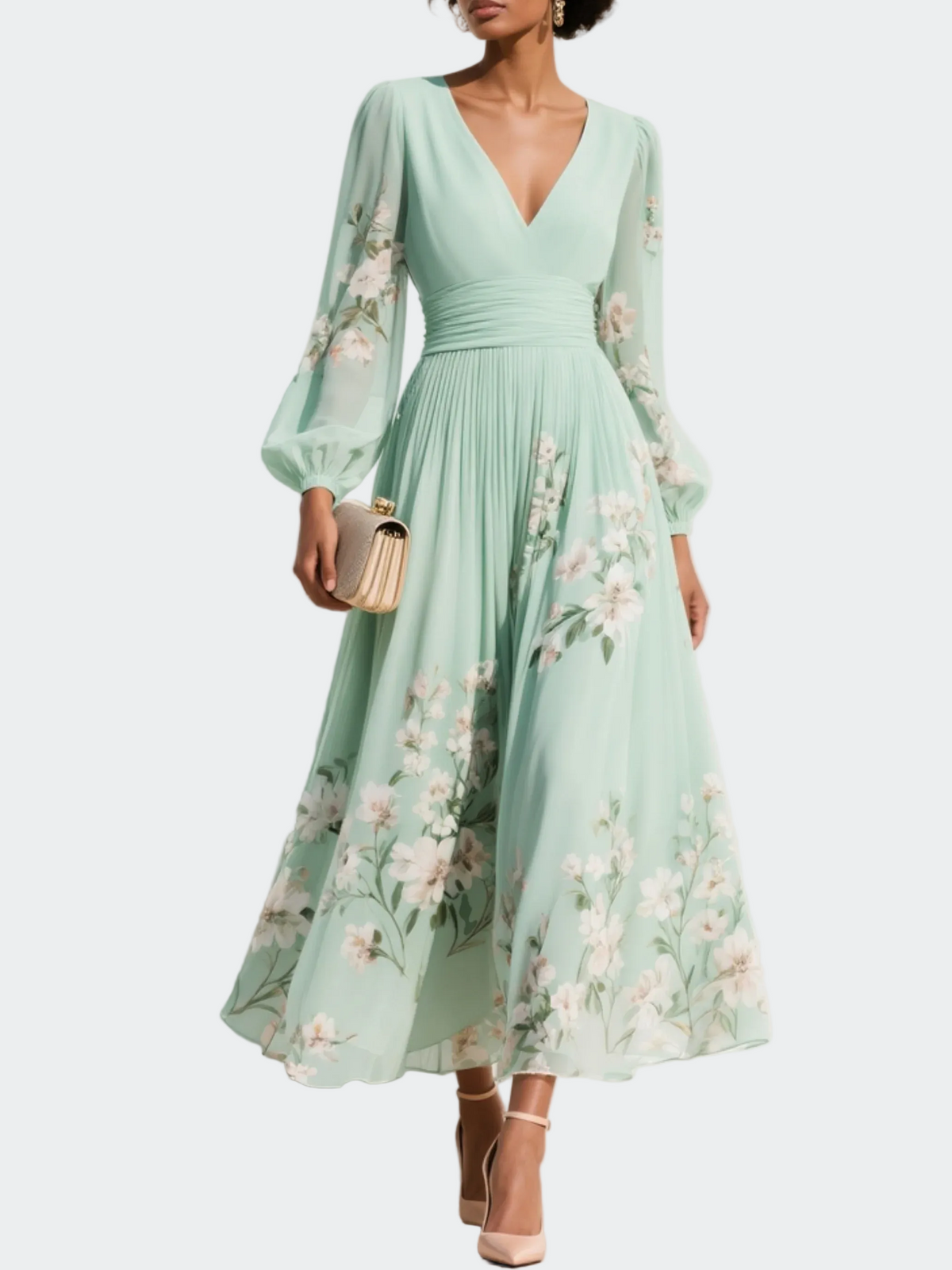 Lucija - Vestido midi de gasa verde claro con pliegue floral
