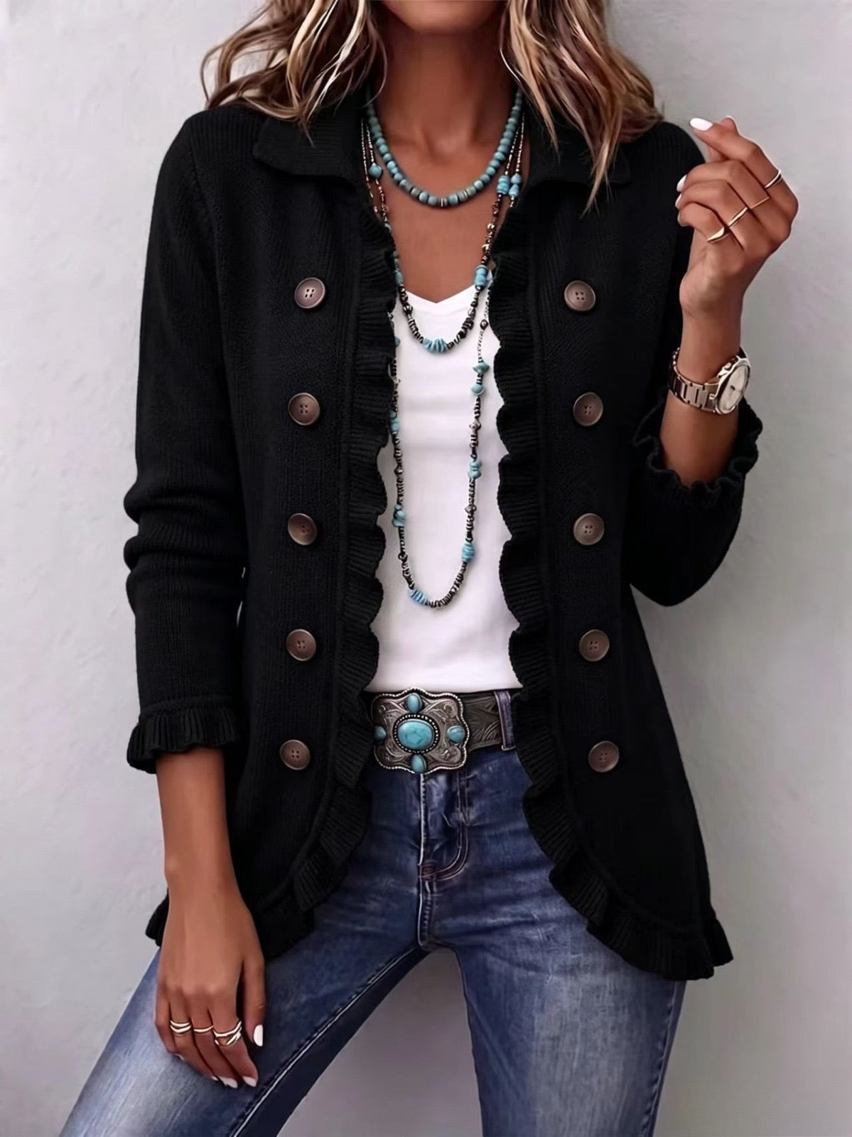 Camille | Chaqueta con volantes de punto acanalado negro azabache
