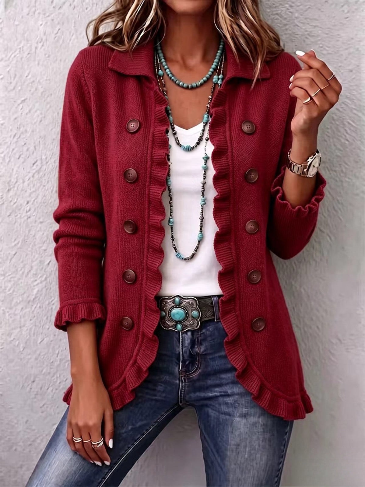 Rosalie | Chaqueta con volantes de punto acanalado rojo rubí