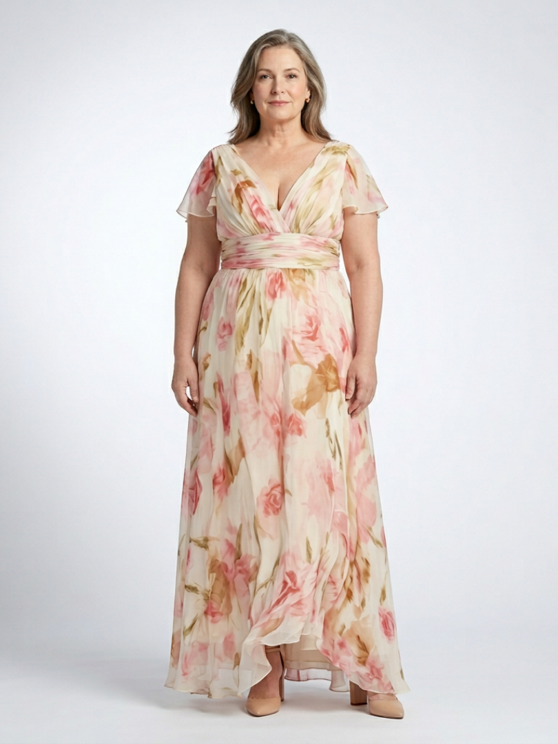 Margaux | Vestido Maxi Floral de Manga Corta con Escote en V
