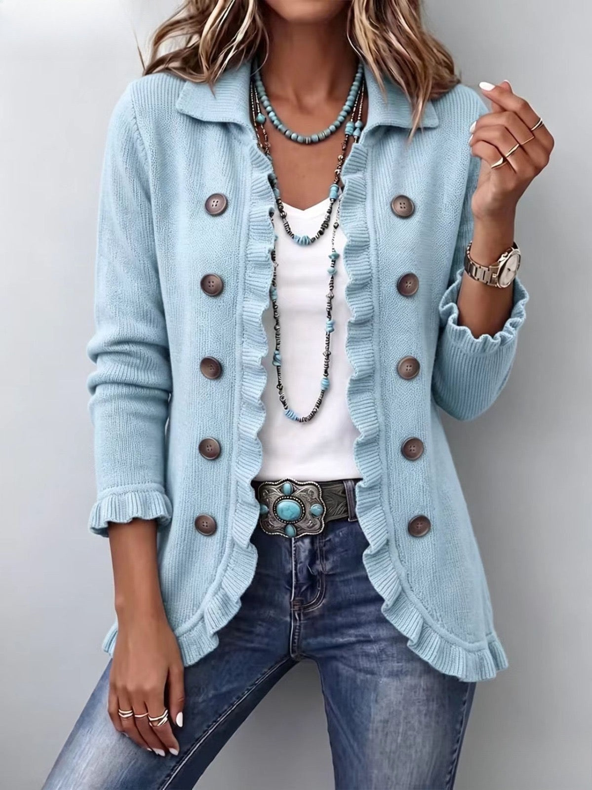 Cecilia | Chaqueta con volantes de punto acanalado azul claro