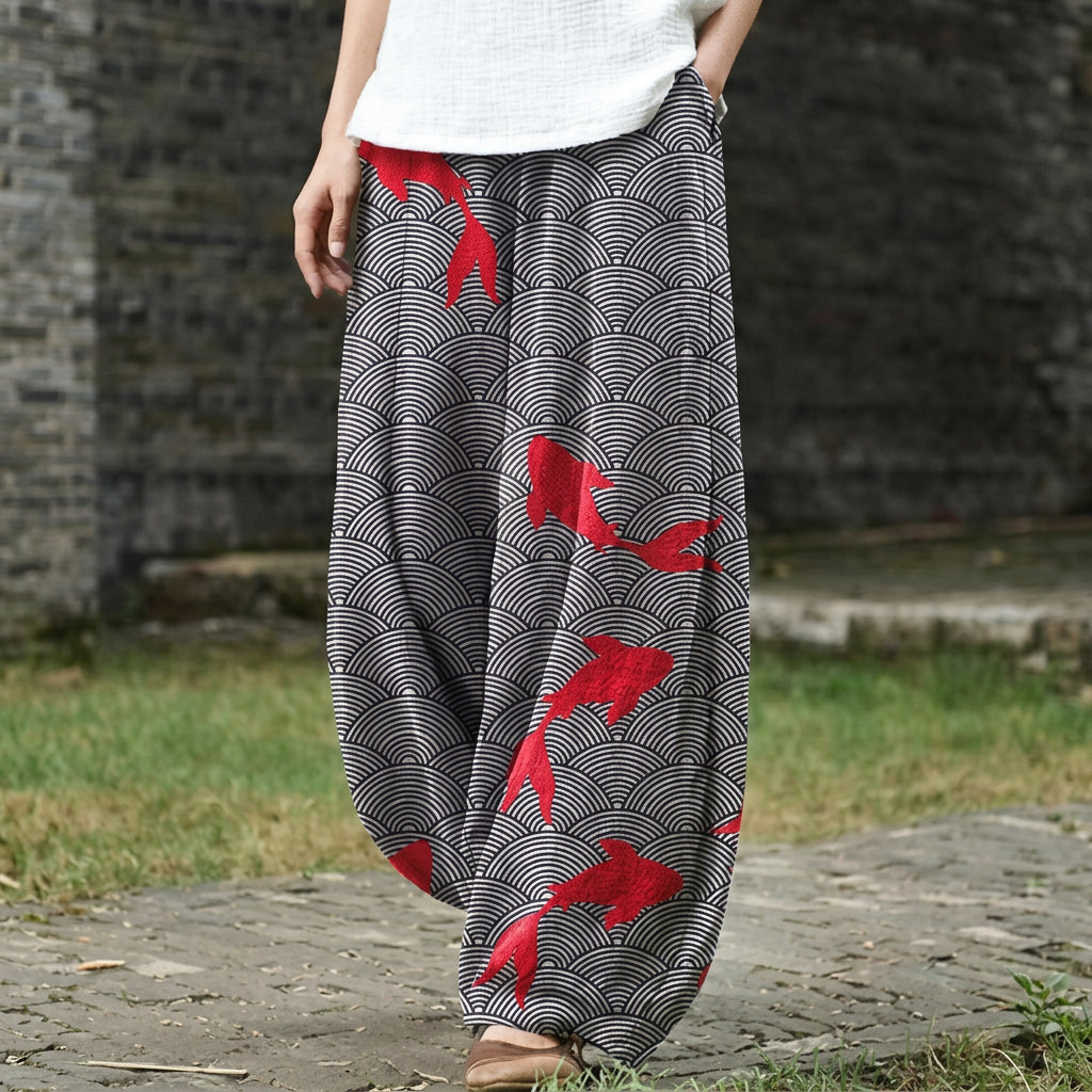 Blanche – Pantalón ancho con estampado de ondas y carpas