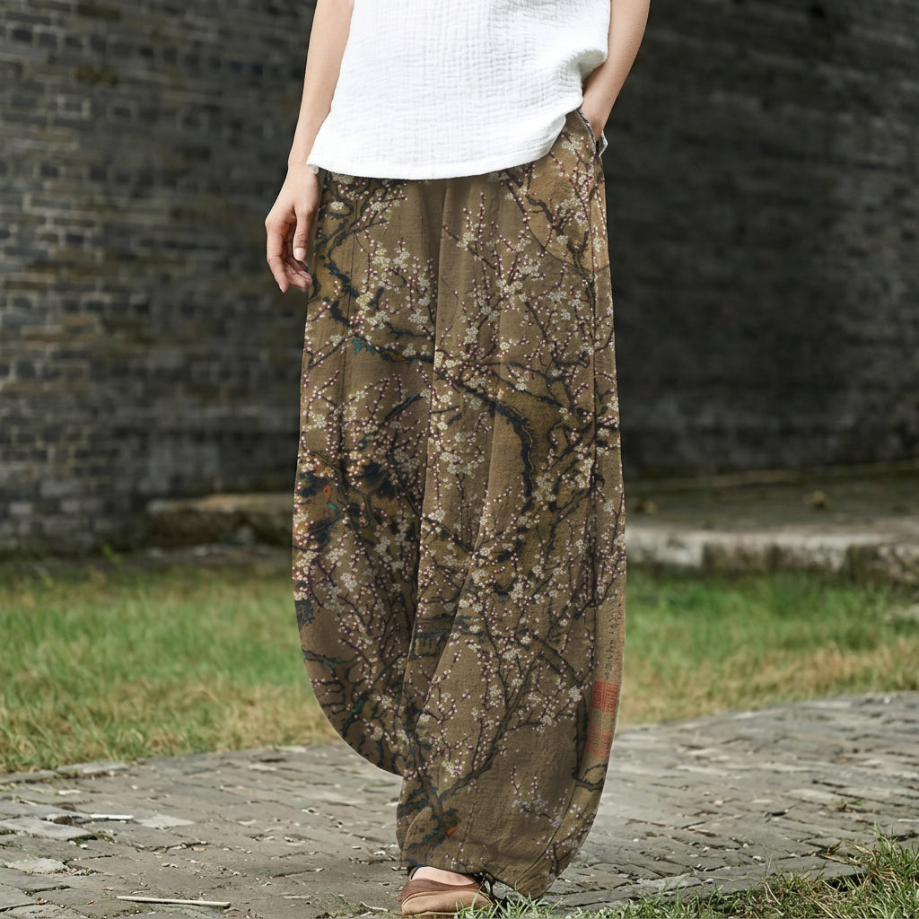 Océane – Pantalón ancho con estampado de bosque marrón