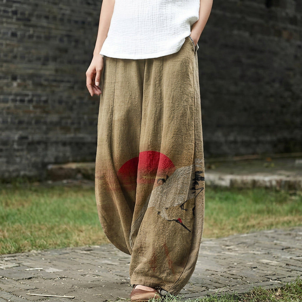 Madeleine – Pantalón ancho beige con estampado sutil