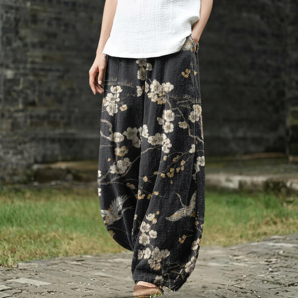 Ghislaine – Pantalón ancho negro con motivo de pájaros