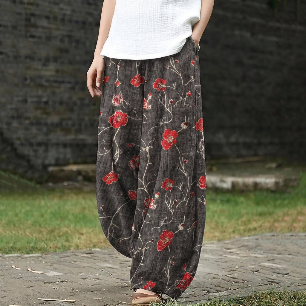 Mathilde – Pantalón ancho con flores rojas