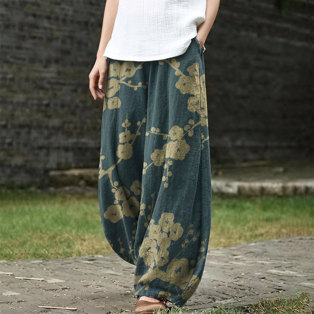 Élodie – Pantalón ancho azul marino con estampado