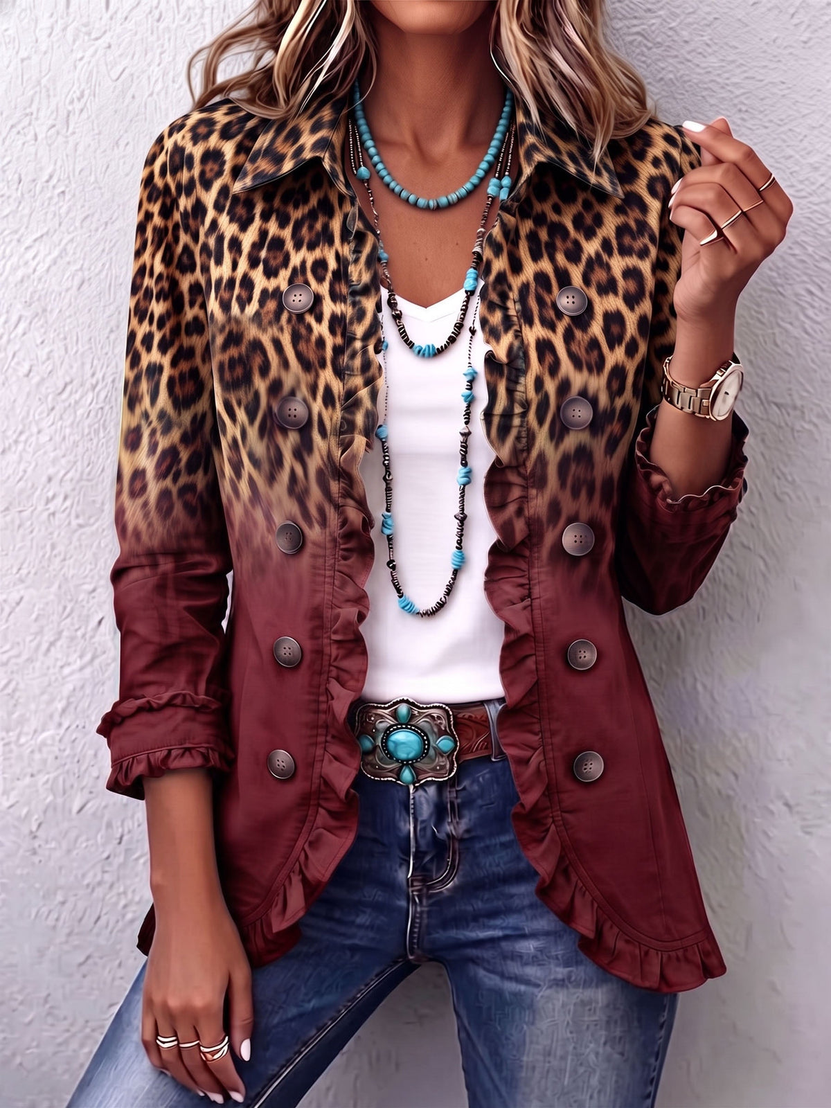 Talia | Chaqueta tipo blazer con volantes y estampado de leopardo
