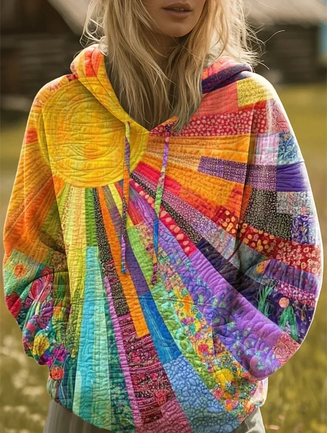 Aurora | Sudadera Multicolor con Capucha y Diseño Patchwork