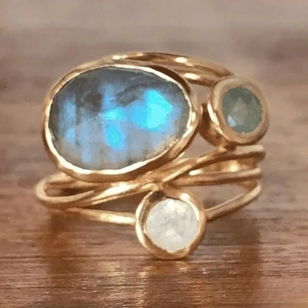 Anillo vintage de piedra lunar azul hundido