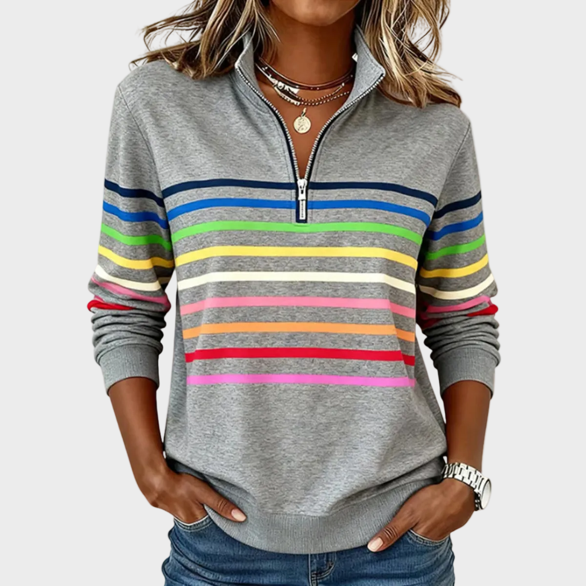 Prismeta - Sudadera con cierre de cuatro botones y rayas de colores