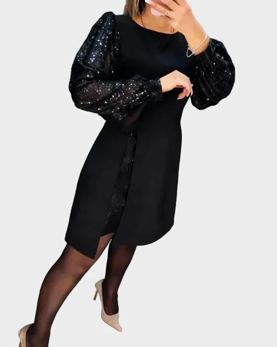 Iwona - Vestido elegante con mangas abullonadas brillantes