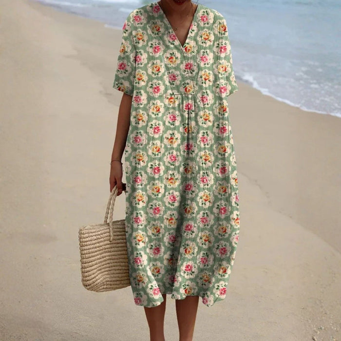Eulállia - Vestido Retro Floral en Verde Aqua