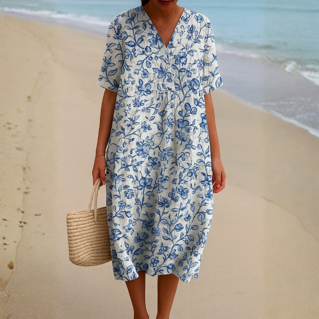 Magnolia - Vestido Marfil Decorado con Detalles Florales en Azul Porcelana