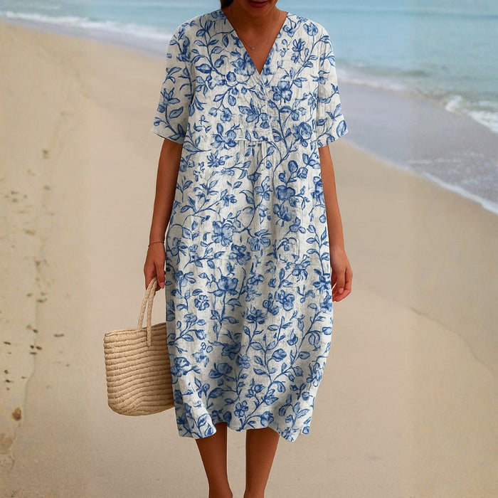 Magnolia - Vestido Marfil Decorado con Detalles Florales en Azul Porcelana