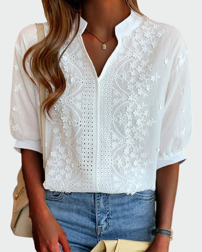 Aneta - Blusa con detalles de encaje y mangas abullonadas