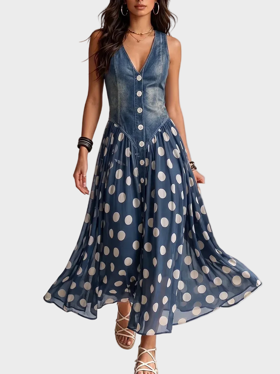 Vylina - Vestido vaquero con bajo de gasa de lunares