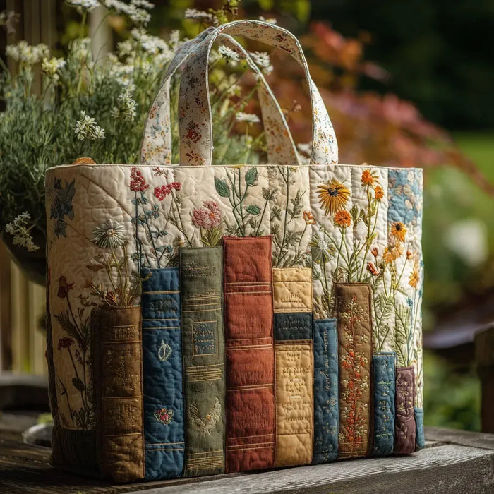 Bolso tote de tela acolchada - Colección Flores y Libros