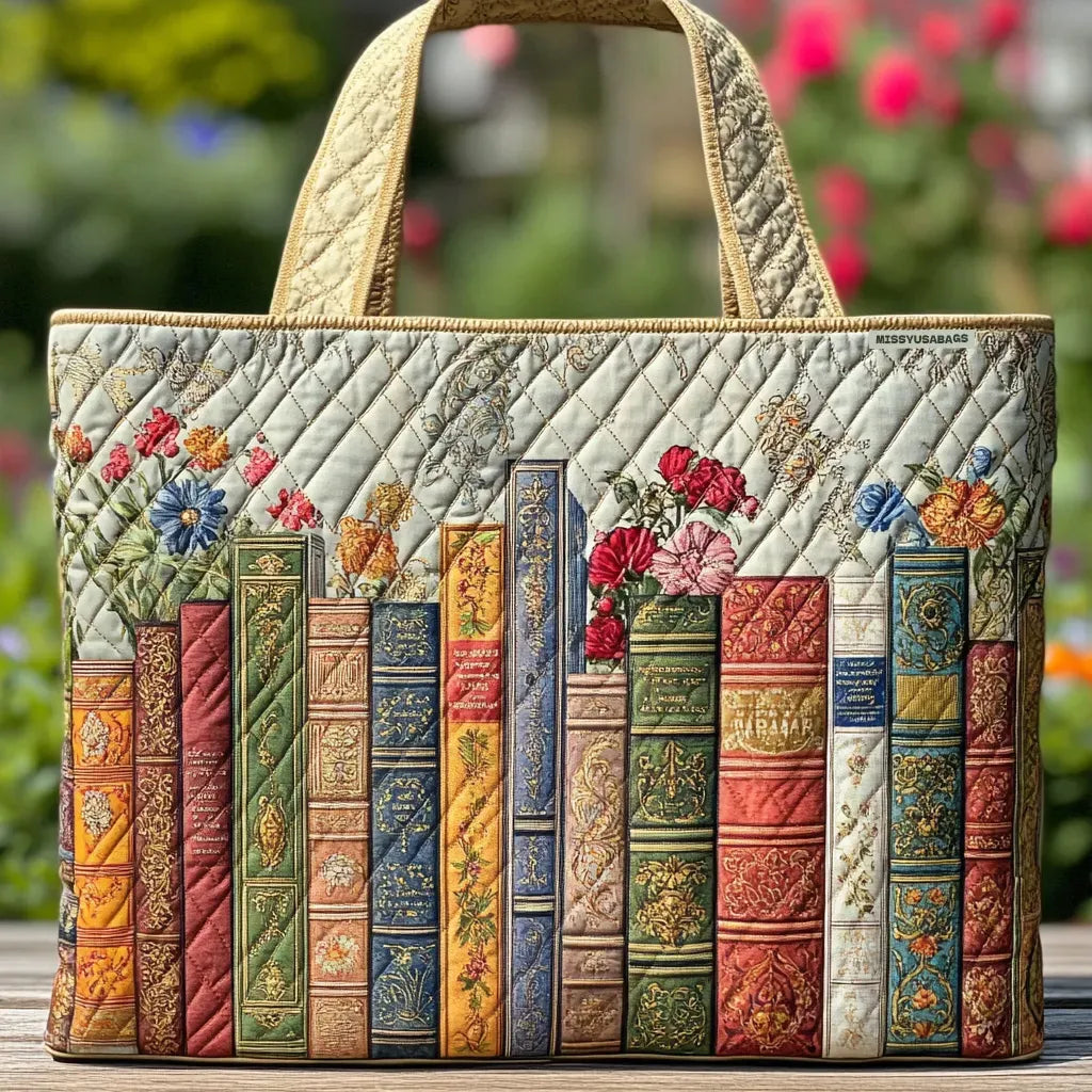 Bolso shopping acolchado con motivo biblioteca