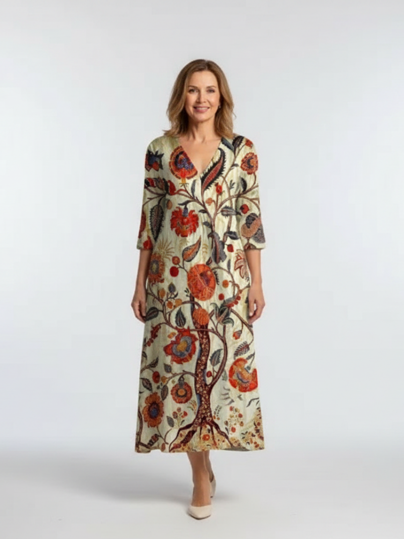 Élise | Vestido midi floral de manga larga con escote en V