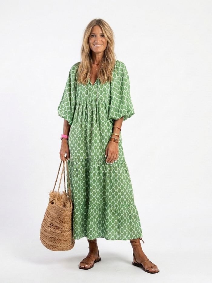 Céline | Vestido midi estampado con mangas tres cuartos y escote en V