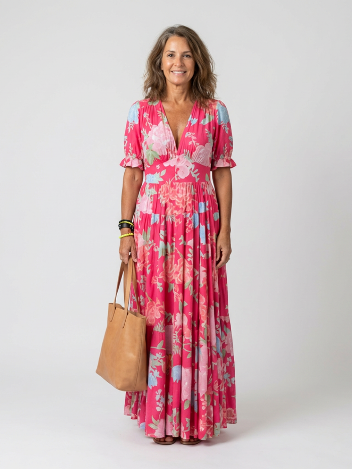 Juliette | Vestido midi floral con mangas cortas y escote en V