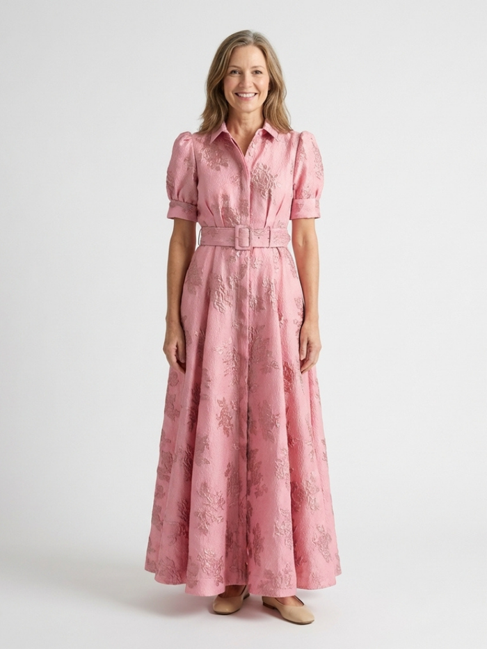 Amélie | Vestido maxi de manga corta con cinturón floral