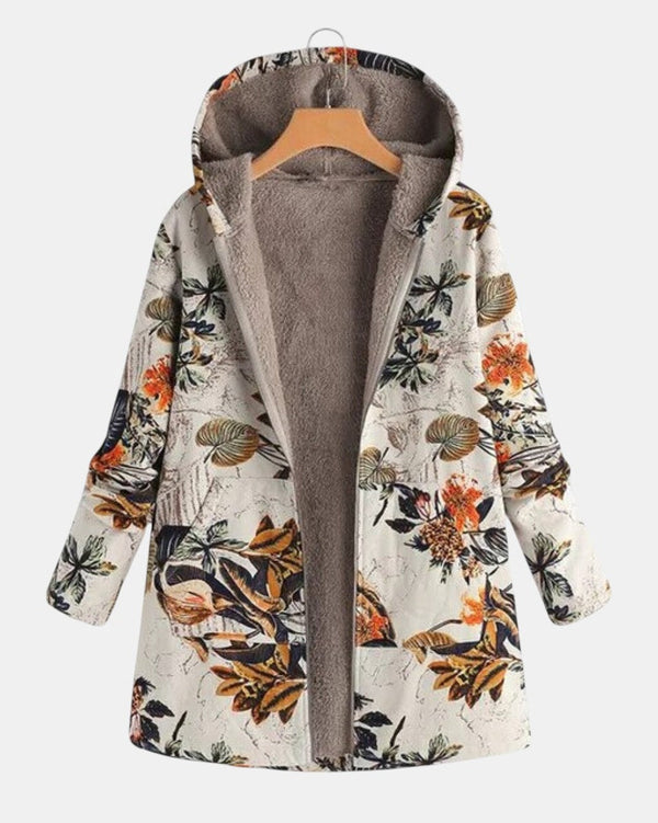 Elena - Abrigo Sherpa Floral Boho con Capucha