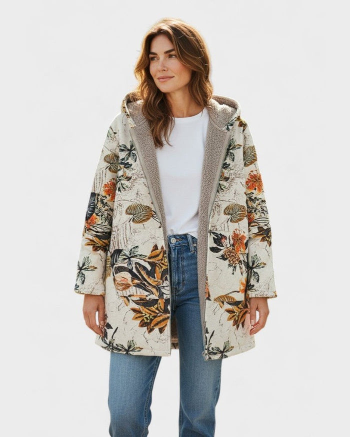 Elena - Abrigo Sherpa Floral Boho con Capucha