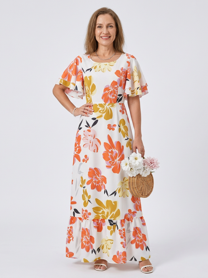 Nathalie | Vestido Maxi de Manga Corta y Escote Redondo
