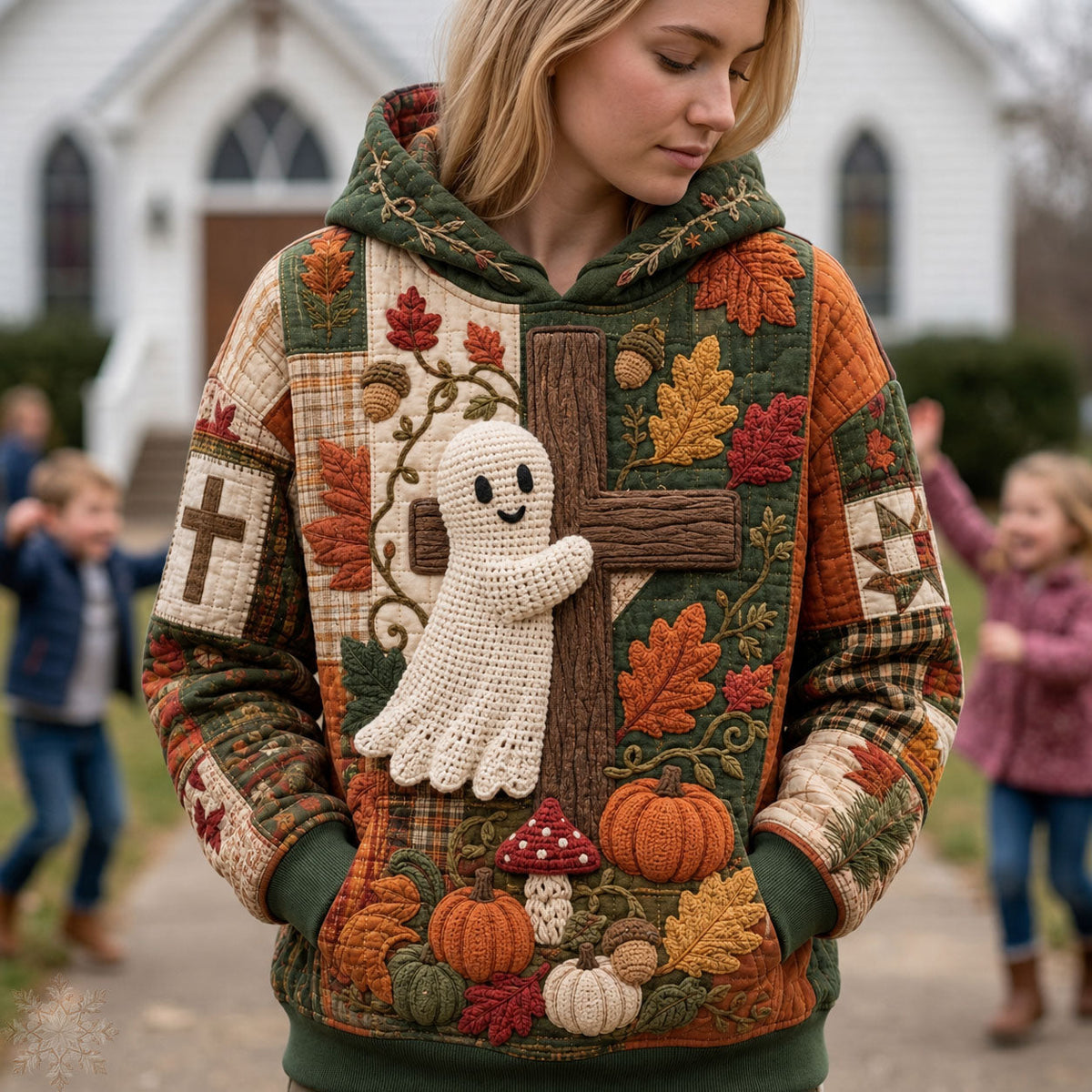 Sudadera con capucha con motivo de otoño y fantasmas