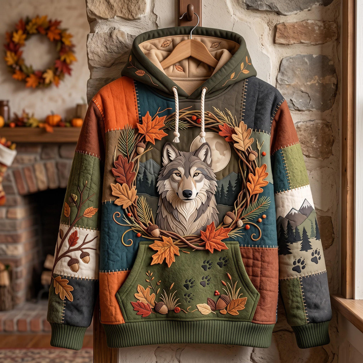 Sudadera con capucha de lobo de madera de otoño