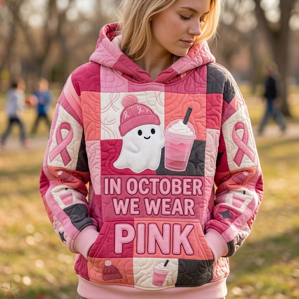Sudadera con capucha de octubre con lazo rosa y fantasma