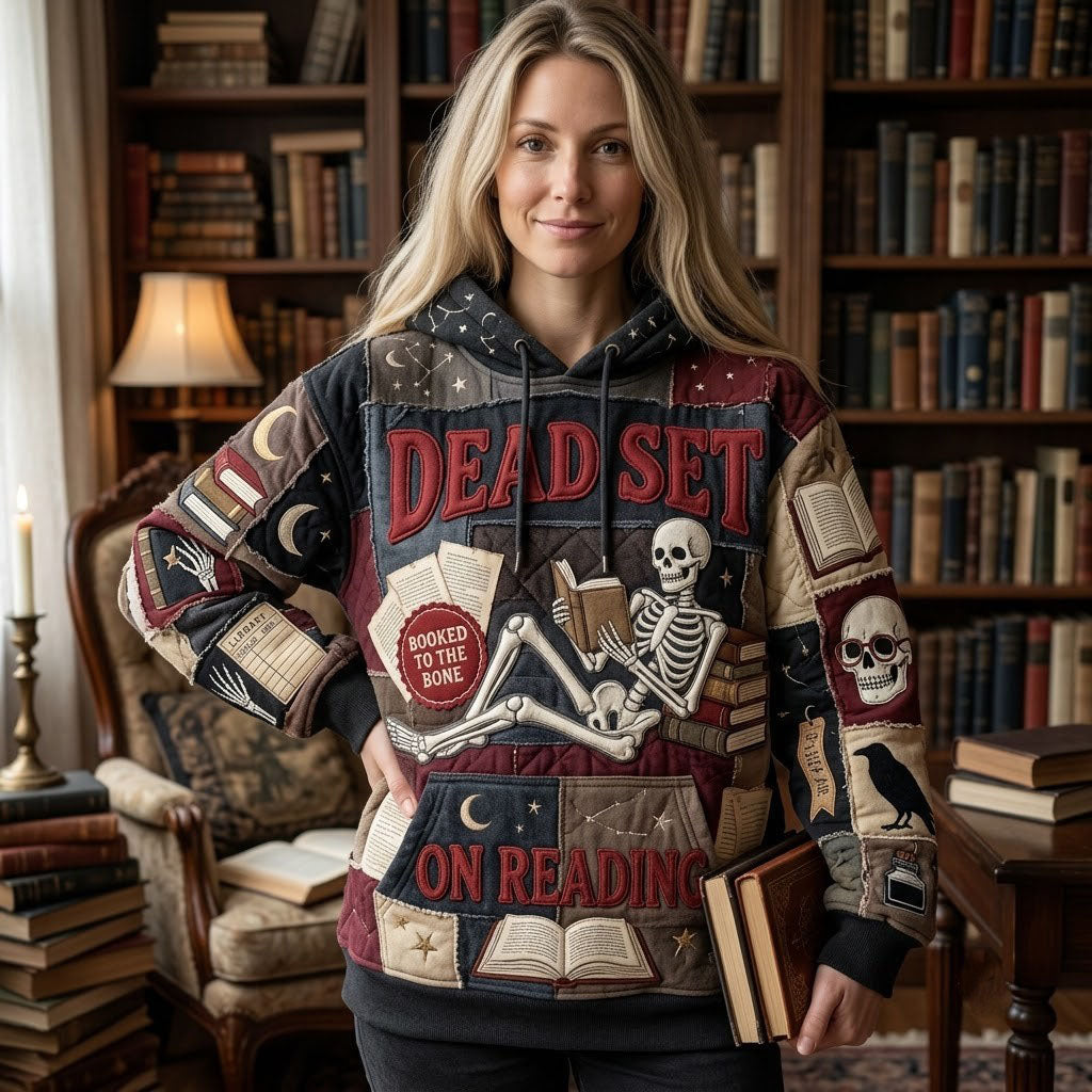 Sudadera con capucha para una noche de lectura con motivo de esqueleto