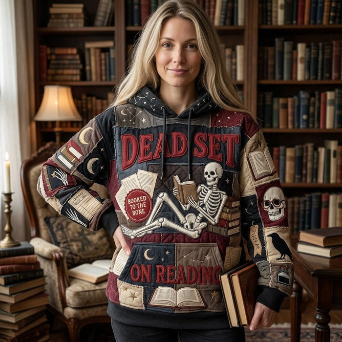 Sudadera con capucha para una noche de lectura con motivo de esqueleto