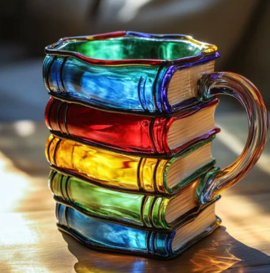 Colorida taza artística en 3D con motivo de libro