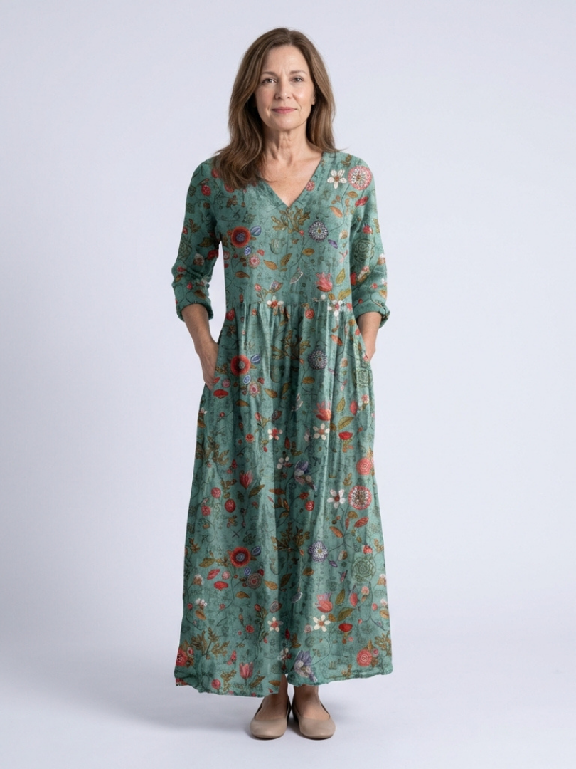 Valérie | Vestido maxi floral con escote en V y mangas tres cuartos" 

Rewritten: "Valérie | Maxi vestido floral con escote en V y mangas de tres cuartos
