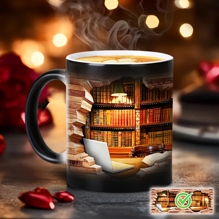 Taza térmica mágica de cerámica con motivo de librería
