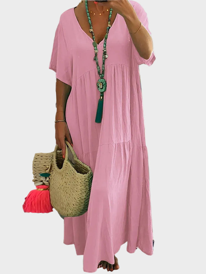 Linnea – Vestido largo suave con volantes y escote en pico