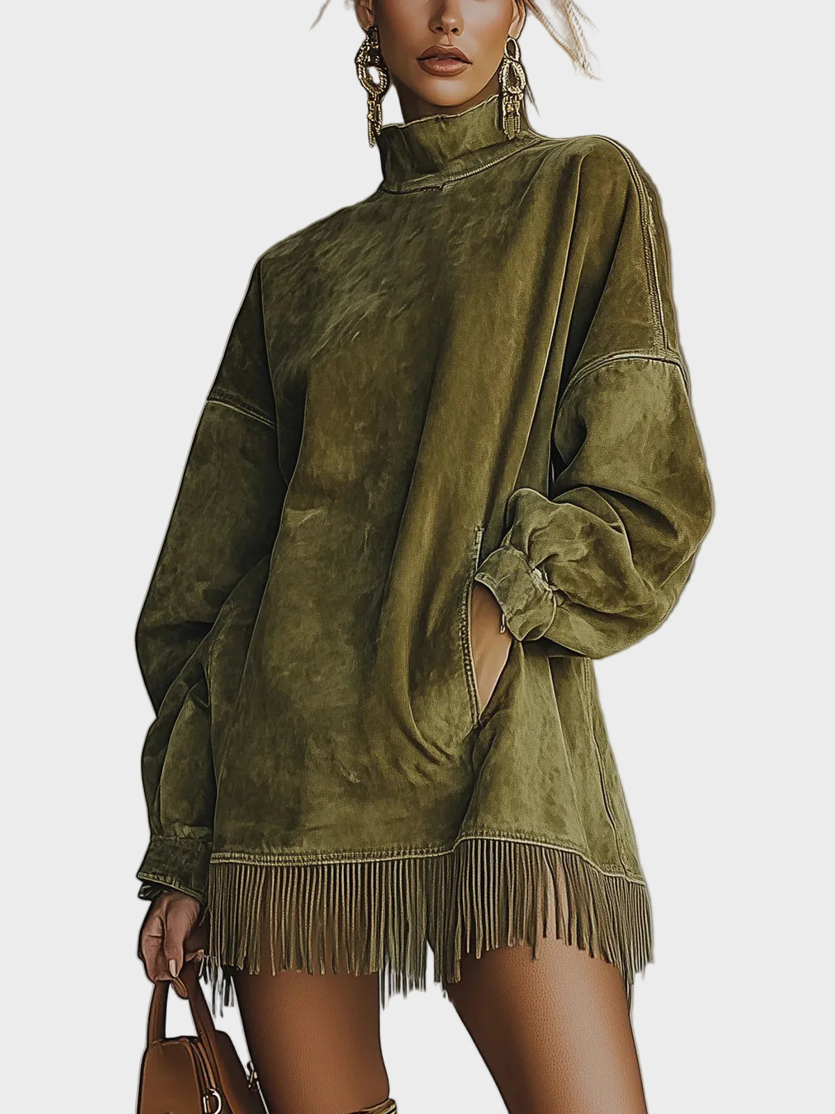 Fausz Vestido de ante con cuello alto y flecos