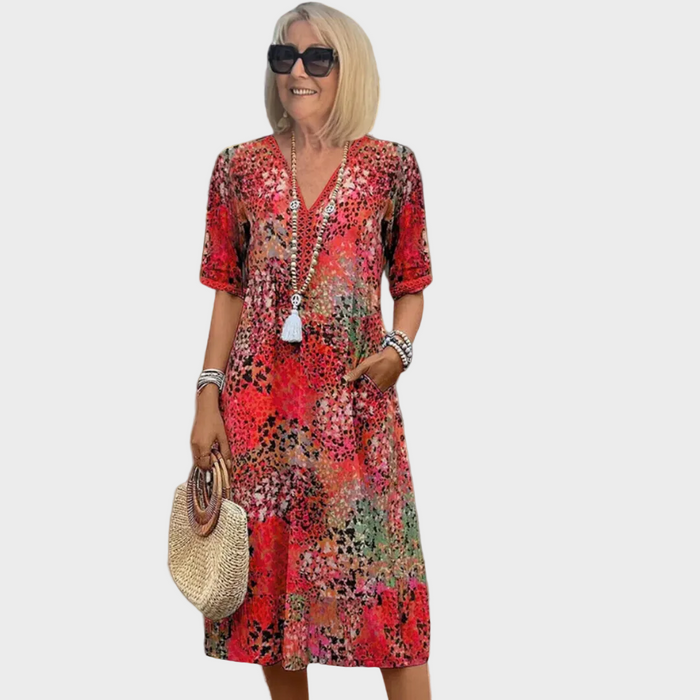 Leontýna vestido midi estampado con cuello en V