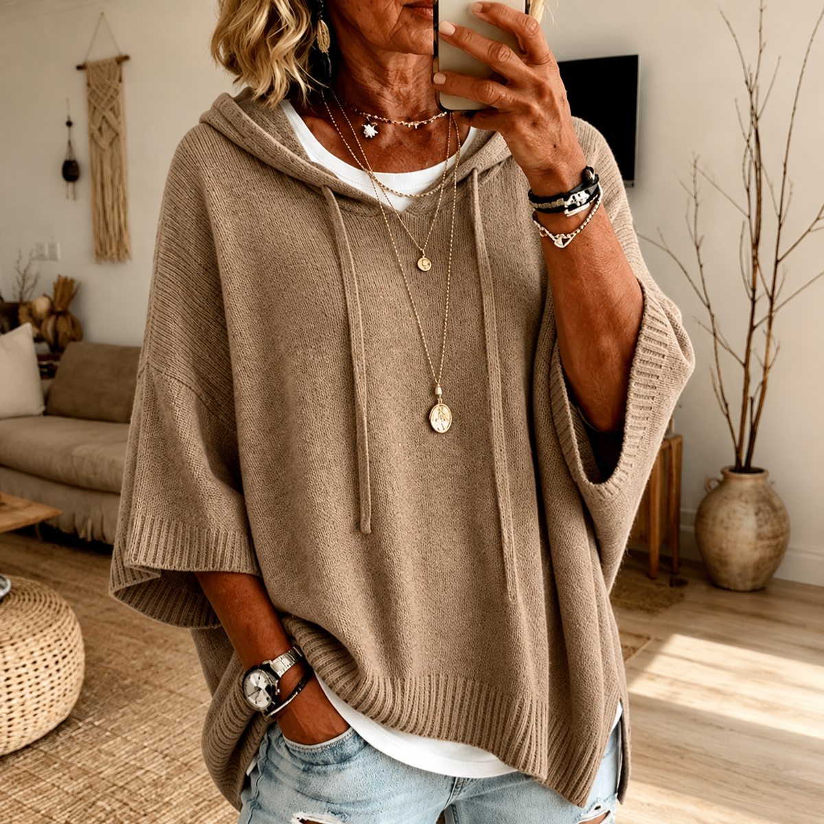 Manon – Jersey poncho taupe acogedor