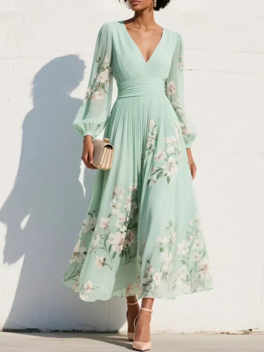 Elga - Vestido largo plisado de chiffon con diseño floral