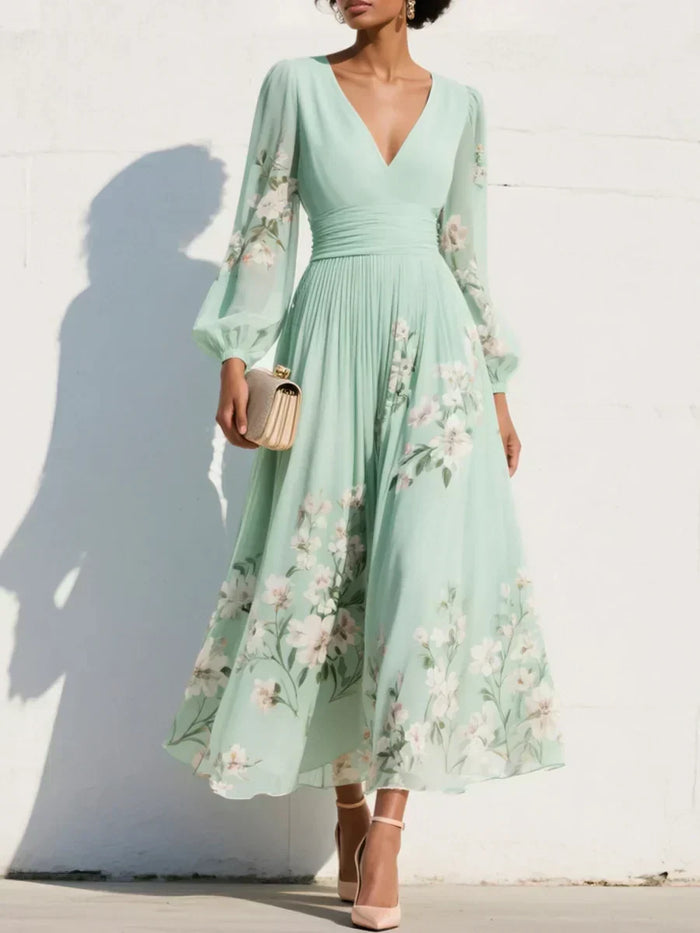 Elga - Vestido largo plisado de chiffon con diseño floral