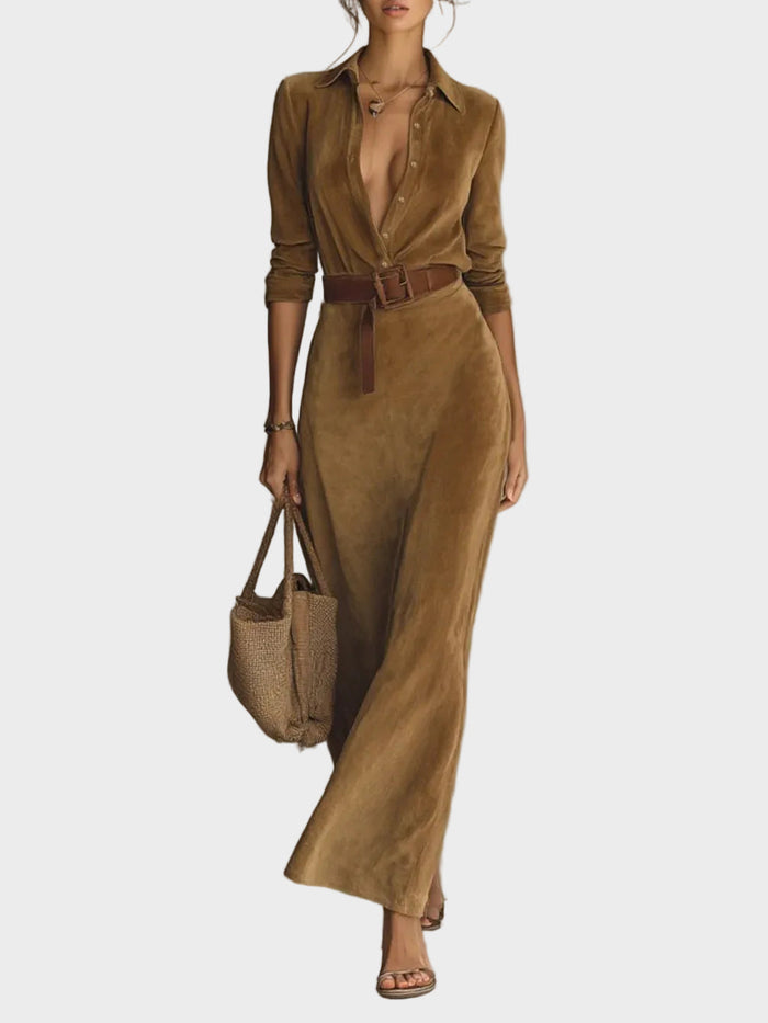 Vestido largo de ante con cierre sencillo y cuello